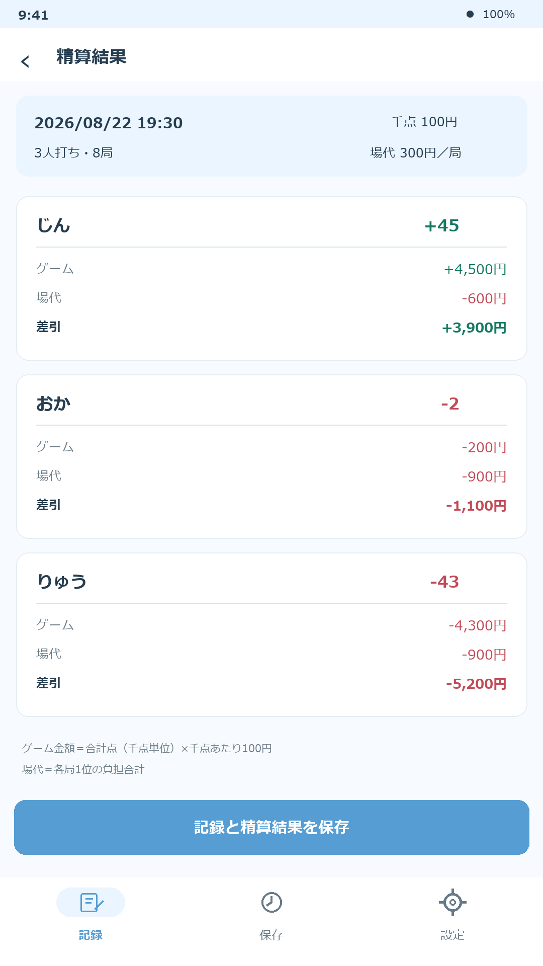 ゲームポイント、局負担、最終ポイントを表示する精算結果画面